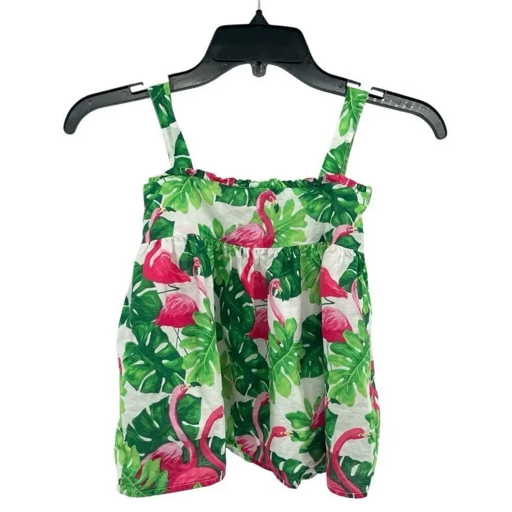 Janie and Jack Girls Tropical Flamingo Smocked Sleeveless Top Size 7 100% Cotton